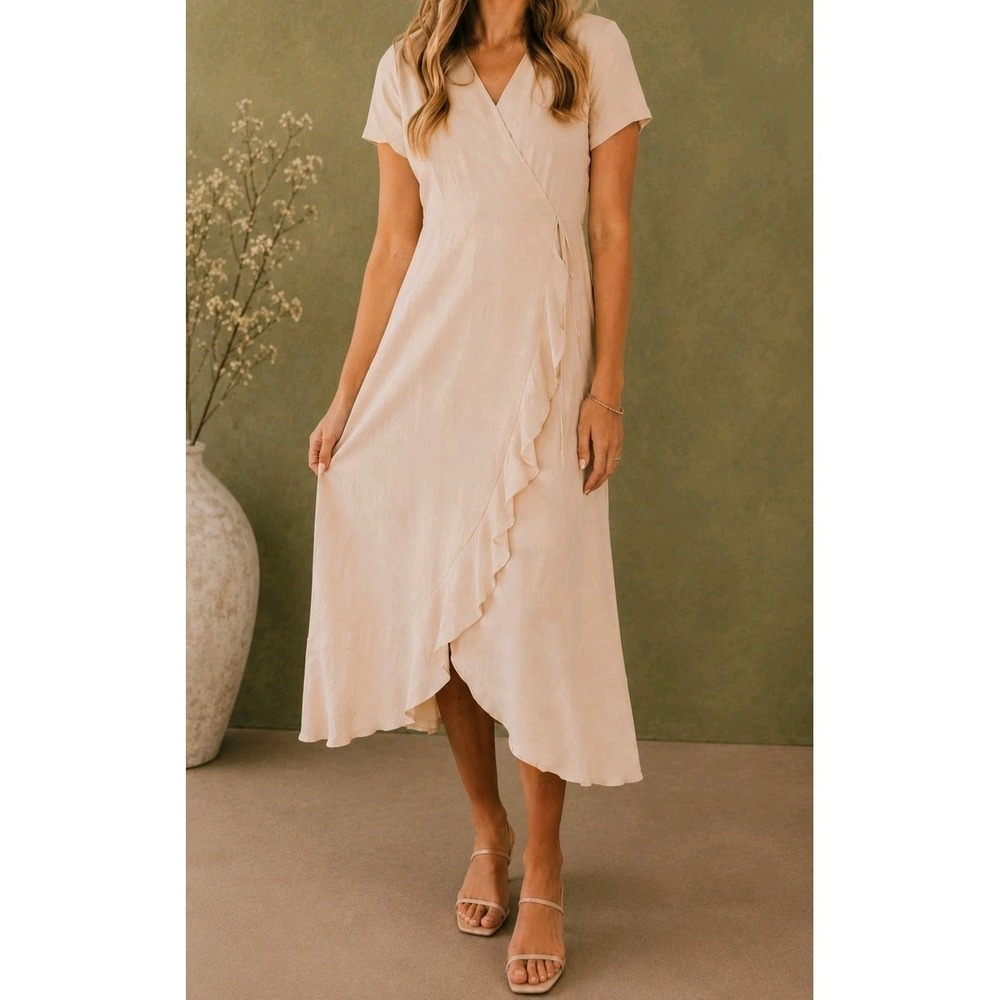 ROOLEE Women's Cream Faux Wrap Ruffle Midi Dress Short Sleeve V-Neck NWT Size M
